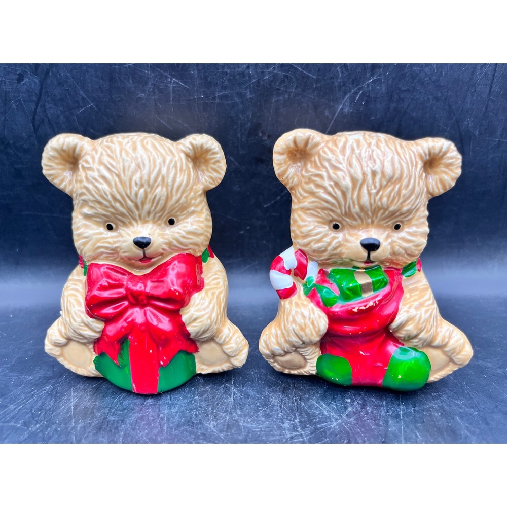 Vtg Christmas Teddy Bear Salt‎ & Pepper Shaker 3" Holiday Gift Stocking Holiday